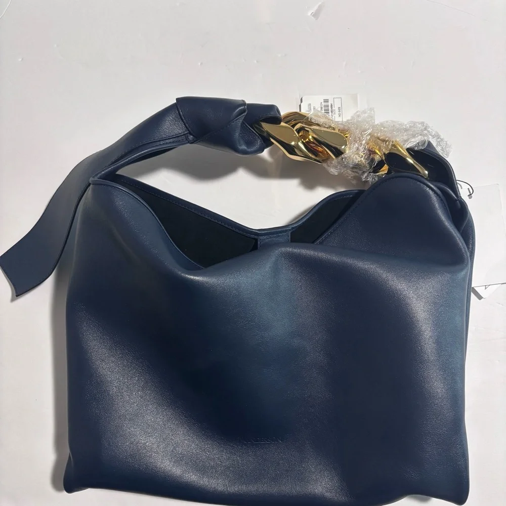 Leather Top-Handle Tote in Navy with Gold Chain Detail